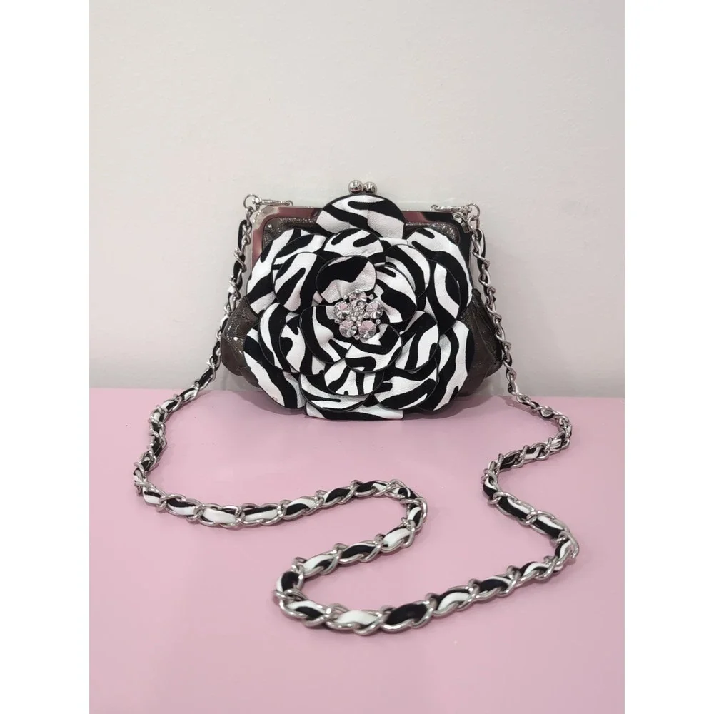 Y2K Small Zebra Pattern Bag with Silver Chain Clasp‎ & Rhinestone Floral Accent